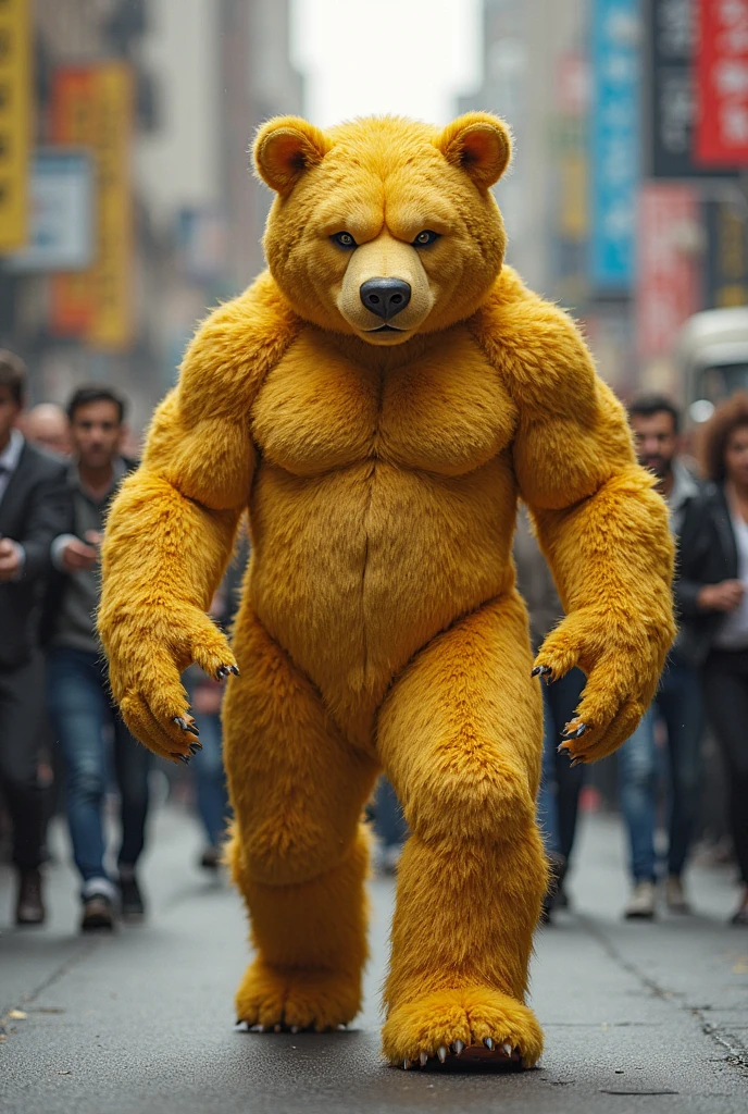 Brown bear walking on two legs in the city,Brown bear with colorful fur,Bipedal,Wearing sunglasses:1.5,Brown bear like a costume,Colorful fur,Irridescent color