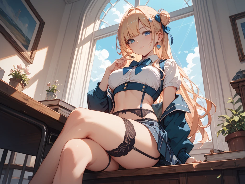 masterpiece, highest quality, Very detailed, 16k, Ultra-high resolution, Cowboy Shot, 12 year old girl, Detailed face, Perfect Fingers, Golden Eyes, blonde, Braiding, A vest with lots of pockets, White panties, Explorer knife, Safari Hat, azimuth magnetic needle, telescope, map, A room with lots of cluttered items, Lie on your back