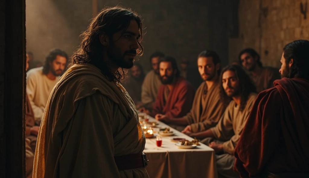 Jesus in the midst of the disciples, bible illustration, epic biblical representation, imagem super realista, cinematic lightening, beautiful depiction, Realistic, 4k, HDR