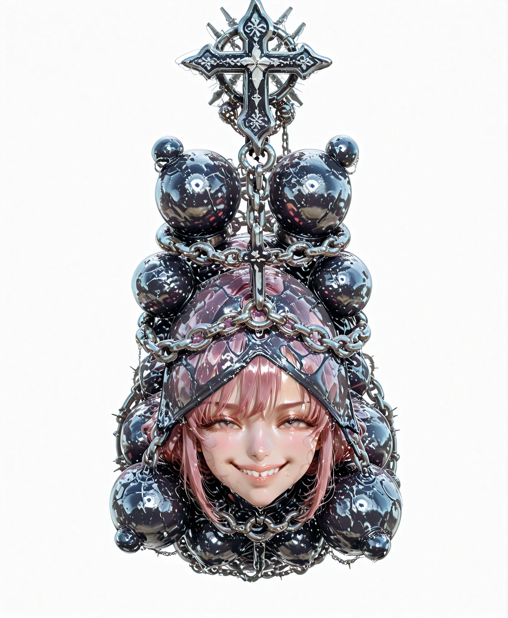 Metallic dark pink texture, pink metal, rusted rough edges Chain keyrings on surface, clothing rivets, Logo is ancient rune style text with embossed texture raised edges with Rocky wet texture ancient script, crucifix shape middle of image, hyper realistic lines and textures, defined refined edges, latex dominatrix style with metal zippers on surface hentai girl inside of logo, deep dark pink lines on logo, latex has liquid reflection on surface, Stargate, barbed wire wrapped around, metal staples decorating surface, wrestling ring surrounding, large chains intersecting across entire surface, large chain links in cross shapes creating texture, chainmail, chain link decorations, industrial rusted metal, pro wrestling ring background, realistic lips on face, smiling baby face in top surface, baby eyes are blinking covering surface , pink teddy bear face with pink fur