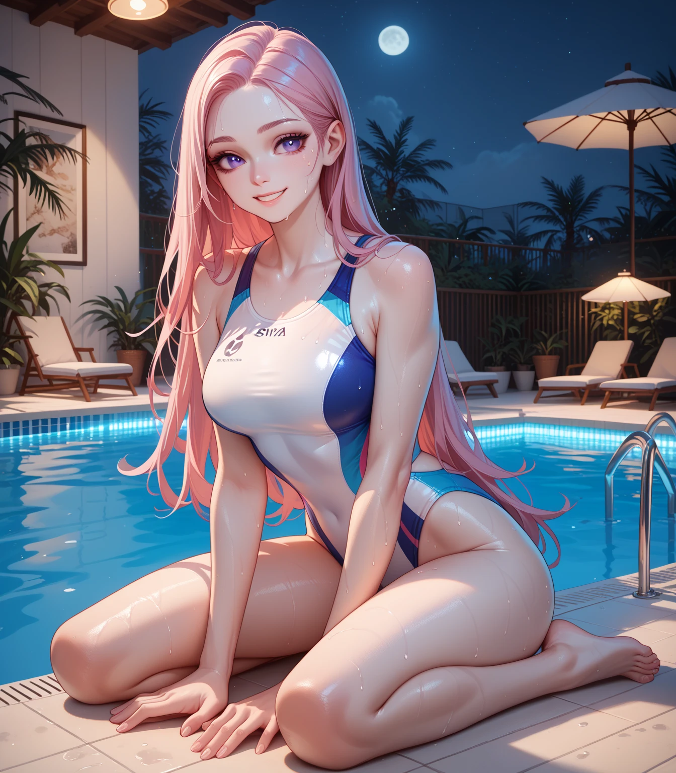 (Best picture quality,  tmasterpiece，Master-class high-density imaging), 1womanl，(realisticlying：1.4)，25 age old,World-class beauty，Face with golden proportions，Happy smile，Very white skin，Glowing skin，Light blue small swimsuit，very tight：1.5，Outdoor swimming pool HD background：1.2，Beautiful long purple hair，(Layered Hair Style,Small hair ornament，Small earrings，huge tit:1.3), Long shot，Facing ahead，Sit down slightly，Bare feet(beautifullegs:1.2)，Deleite para la vista，legs are open(Realistic legs:1.3)， exposing your navel，Expose cleavage，Lower breasts exposed，Transparent waist，Clear belly，nakeness，