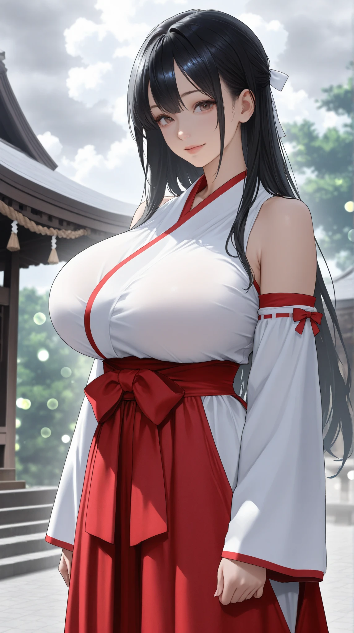 8k, 1girl,koyori_togashi, solo, long_hair, breasts, skirt, large_breasts, cleavage, japanese_clothes,magatama, goggles, hakama, hakama_skirt, goggles_on_head, ofuda, miko, tabi, red_hakama,japanese shrine,(masterpiece:1.4),(best quality:1.4),(shiny skin),