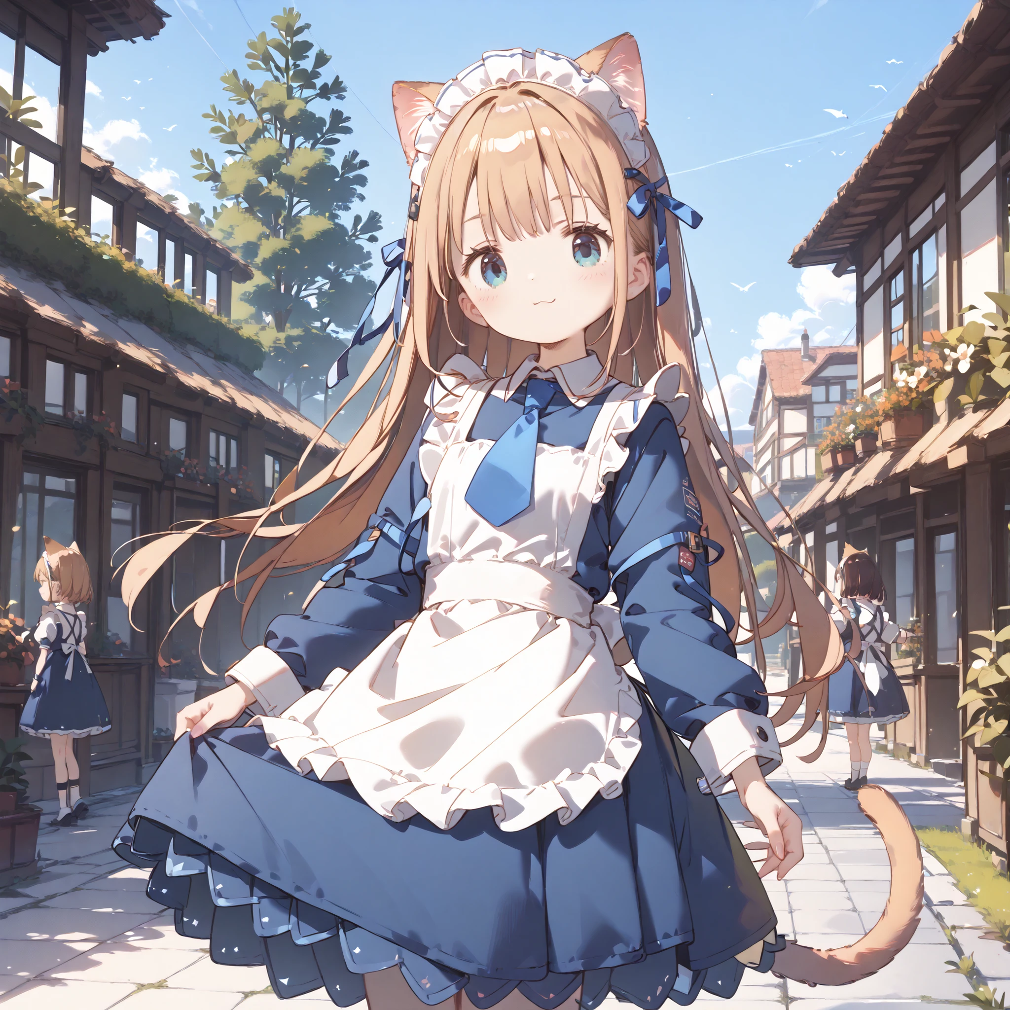 ( masterpiece, high resolution,High Quality,high resolution)、HD、High Quality、8k、4k、girl3people、Good friends、maid outfit、Cat ears、 cat tail、Young girl、Juvenile body、Baby Face、cleaning in progress