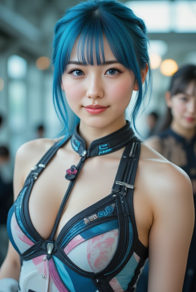 1girl, beautiful, woman, asian, (micro blue bikini), blue hair, ponytail, contrapposto, front angle, full body, high heels, curvy, ((big ass, big breasts, midriff, cleveage)), perfect body, front view, chinese city with neon lights, sexy pose, earring, necklace, low angle