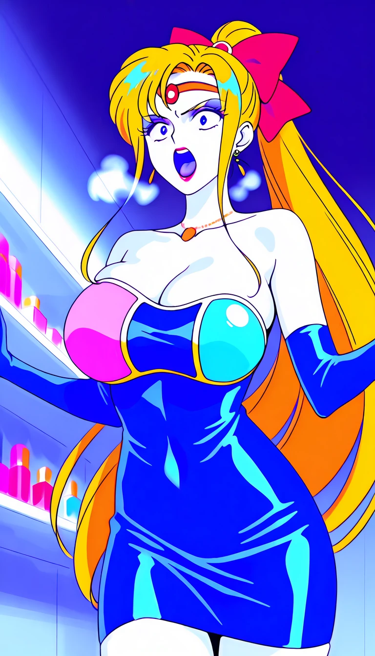 masterpiece, high definition, best quality, rendered art, well formed hands, fingers and body, 1 woman, solo, sailor moon, adult, grown up, big breasted, cleavage, blue_kunoichi_dress, sleeveless, white stockings, sexy and skimpy Japanese clothes, wearing DOA Kasumi's blue kunoichi dress, slit kunoichi dress, white elbow gloves, twin tails, blonde, tiara, sailor collar, red boots, full body, gorgeous legs, hips and thighs, she is doing exercise, warming up, stretching her body, bouncing breasts, sexy and erotic training, working out, sweating, smiling joyfully and brightly, training montage session, beach environment 