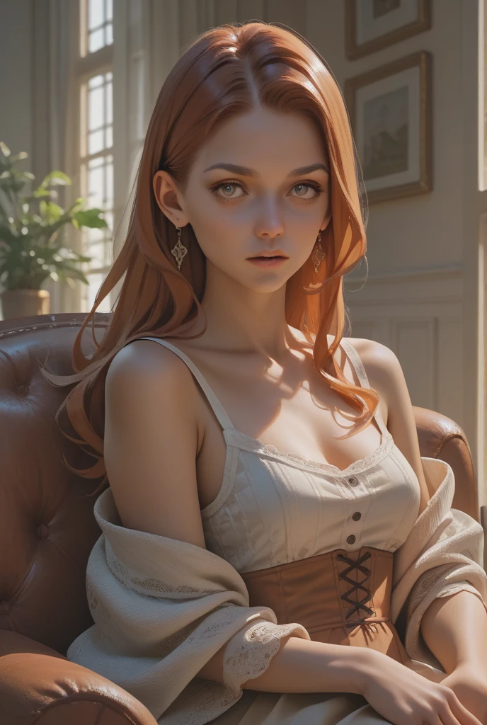 (masterpiece,best quality,8k,beautiful and aesthetic:1.2)
(ChopioLenora, orange hair, cloak, fur trim, long hair, hair ornament, red eyes, (pale skin:1.1), makeup, lipstick, pointy ears, (blush:1), looking at viewer, 1girl, solo )
((highleg lace lingerie and sweater)
), sitting, front view, looking at viewer,  inside Burlesque theater backstage, sunset, evening, warm lighting, (depth of field, bokeh, 4K, hyper realism, soft light, dramatic light, sharp, HDR), full body