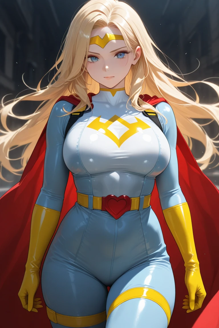 European Woman europe superhero suit europe clothing  blue and yellow stars clothes Flag of  europe long bob gold hair white skin red eyes