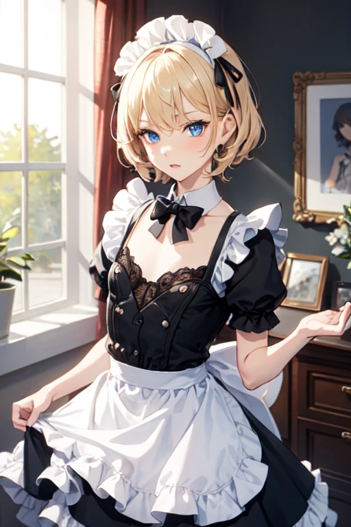 (surreal)、(High resolution)、(8k)、(Very detailed)、(Best illustrations)、(Beautiful and detailed eyes:1.0)、Highest quality:1.0,maid、lingerie,Natural Lip,Blonde Short Hair、Changing into maid uniform