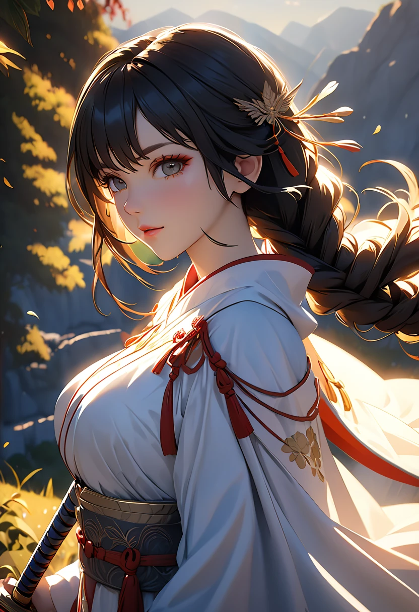 {{{masterpiece}}}, {{{best quality}}}, {{ultra-detailed}}, {cinematic lighting}, {illustration}, {beautifuly detailed eyes}, {1girl}, extremely detailed, 1girl, solo, A full-body picture of a beautiful samurai warrior, blue hair in a long ponytail, wearing gold and blue kimono, warrior, playful smile, brown eyes, huge breasts, cleavage, hourglass figure, outdoors, woodland background, walking down a wooden path, highly detailed face and clothing, slightly narrow eyes, perfect face, fair skin, hair bangs, long hair, cowboy shot, noble beautiful, traditional Japanese clothing, samurai woman, I can see her entire body