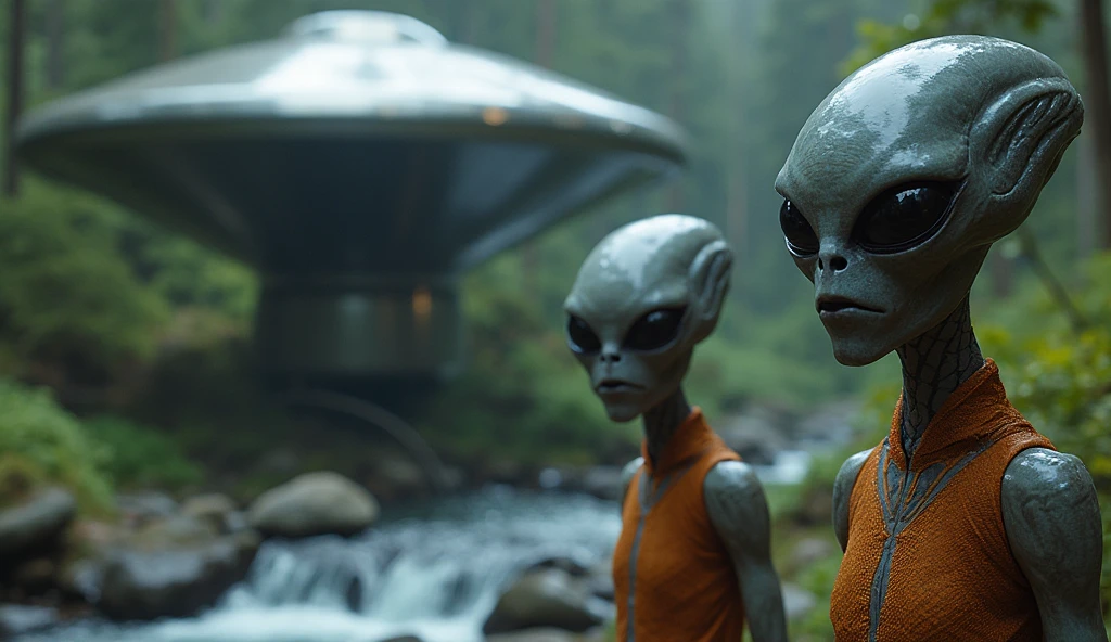 ((best quality)), ((masterpiece)), (detailed) alien human size, big eyes (black) bald and big head, green skinned. under repair UFO using futuristic equipment and armor (without helmet) in above sea water. (green night)
