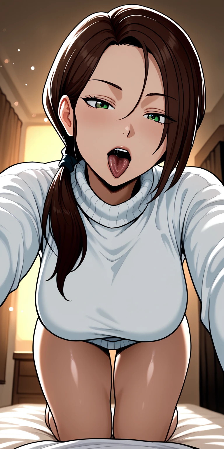1 Female,High definition,high resolution,Ultra-realistic,8K, KittyPride, blue eyes, ponytail, looking at viewer, (upper body) European,sexy,Upper body close-up,Photographed from the front,Dynamic Angles,blush, huge tits, ((nipples )),show tits,(black lace panties),(top view),(selfie)