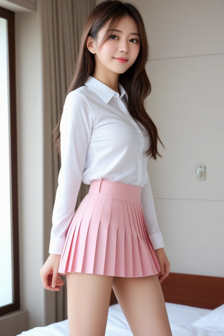 ((masterpiece)), ((Cinema Lighting)), Realistic photos、Real image、Best image quality、One Girl, Sayla Mass, elegant, masterpiece, Complex, Thin arms, Wide Hips, Thick thighs, Thigh Gap, Highest quality, Absurd, High facial detail, Perfect Eyes, mature, Cowboy Shot, , Vibrant colors, Soft pink uniform, Soft pink skirt, White tights