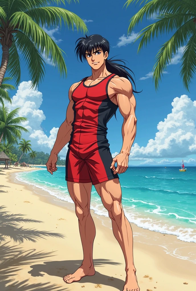 アニメ cel-shading Akame, red eyes, bikini, on the beach in ((anime + manga + comics + cartoon) style)