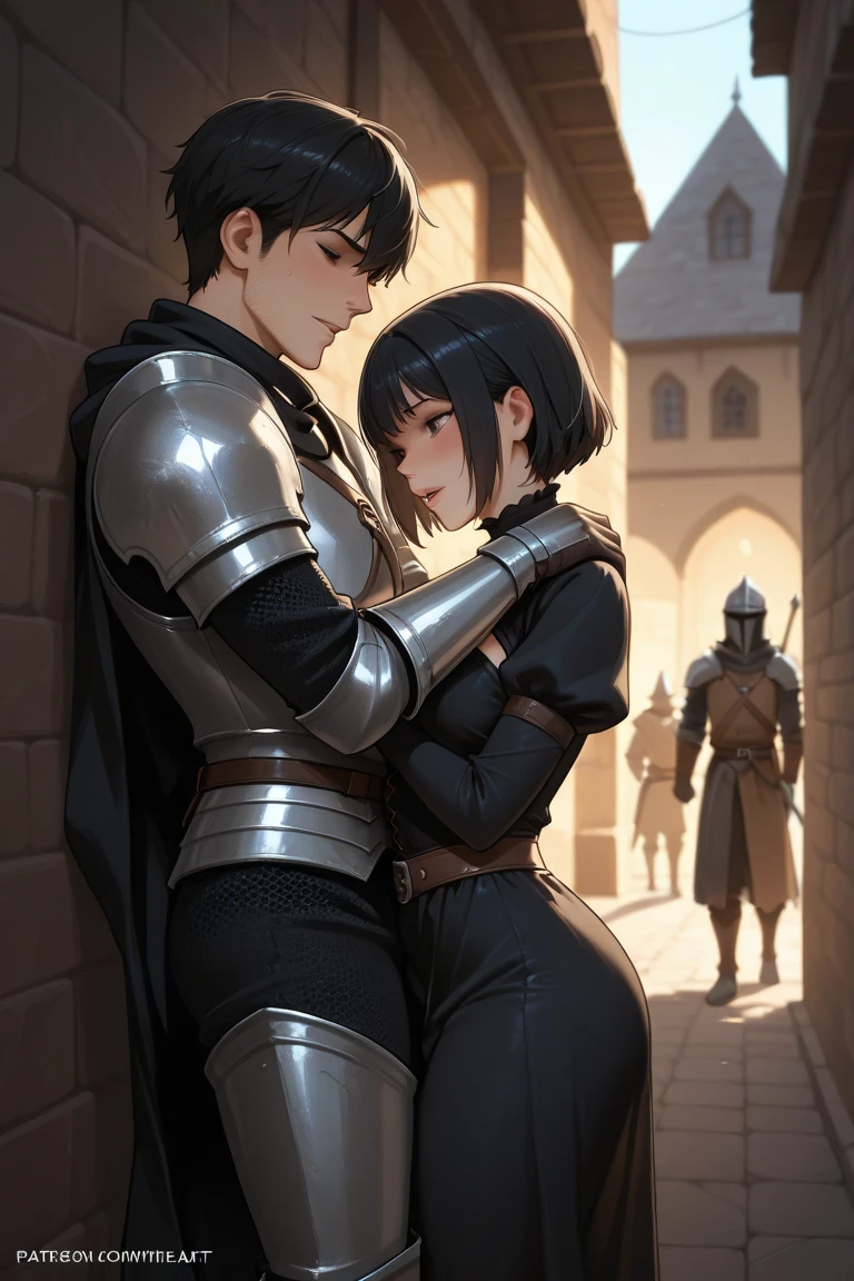 gladiator romana comforts the damsel in distress and they share a tender moment together, 1girl, 1boy, dark skin, knife, cape, weapon, black hair, jewelry, holding, armor