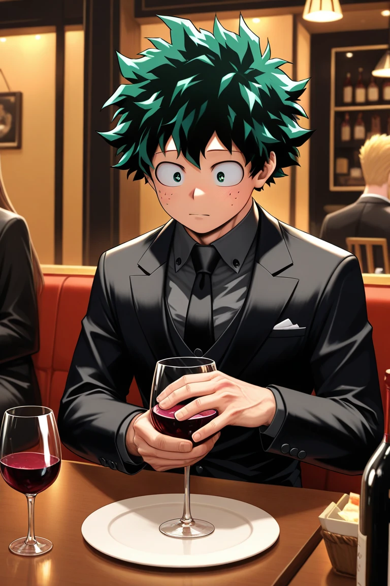 sonbura,ssj2,cowboy shot, 1girl,solo,blonde hair,green eyes,medium breasts,(spiked hair,asymmetrical bangs),grey suit, grey blazer, grey pants, white collared shirt, black necktie,looking at viewer,bar,indoors, shelves, neon lights,smirk,holding champagne flute,(best quality, masterpiece) <lora:sonbura_v1:1>