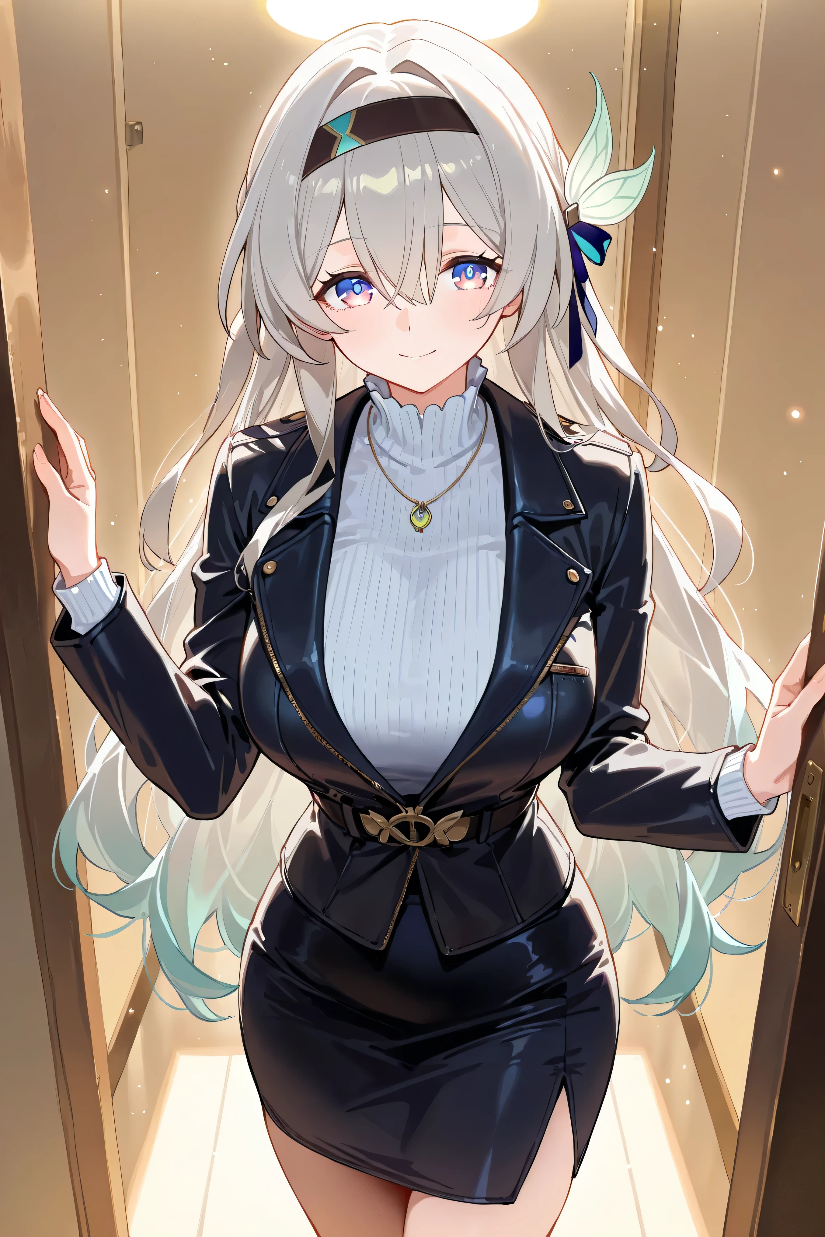 score_9, score_8_up, score_7_up, masterpiece, best quality, very aesthetic, absurdres, tunning image, light particles, attractive image, 1girl, adult grown woman, firefly \(honkai: star rail\), purple eyes, grey hair, hair between eyes, very long hair, hair intakes, hairband, two-tone eyes, multicolored eyes, masterpiece,best quality,amazing quality, 5 fingers, alternate costume, A female character with a rust-colored long dress featuring a high collar and delicate gear patterns on the sleeves. She wears a leather bolero jacket etched with vintage machine blueprints, short skirt