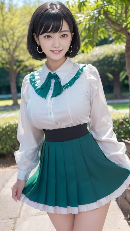 (8k, best quality, masterpiece:1.2), (realistic, photo-realistic:1.37), ultra-detailed, (1girl:1.6),cute,beautiful detailed sky,(outdoors:1.4), standing,dating,(nose blush),(smile:1.15),(closed mouth:1.2), breasts,beautiful detailed eyes,(full body:1.1), wet,rain,white lace, (short hair:1.2),floating hair NovaFrogStyle, facing viewer, looking at viewer, pleated_skirt, shirt,green_skirt,pink cheeks,detailed,naughty model