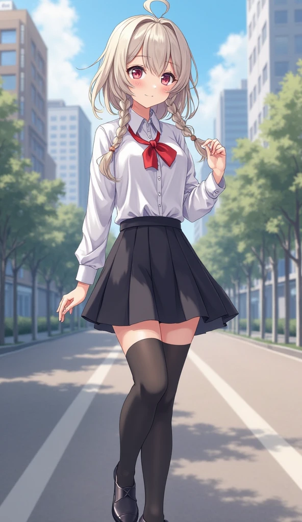 (1 girl),(high quality), (High resolution), (extremely detailed), (8K),(lower body shot),(She is wearing a school uniform and a dark blue short pleated skirt.),(wearing black pantyhose)not wearing shoes,perfect writing,(Beautifully erect nipple shape:1.2),High resolutionの美しい目,(neutral white lighting:1.2),Walking in a windy different world