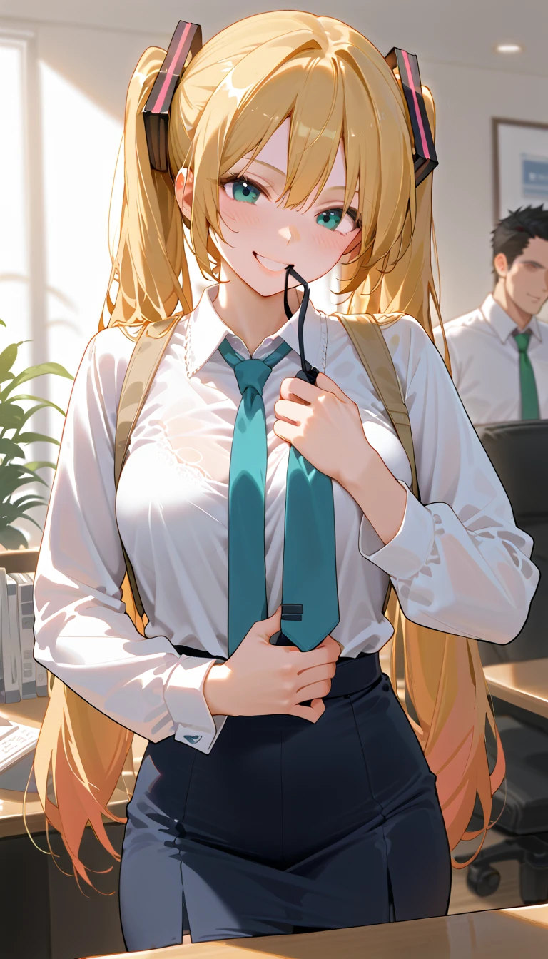 Best image quality、High resolution、masterpiece、super high quality、Adult women、One Man、Giving a blowjob to a guy、White blouse、The blouse is transparent、A tight skirt、Very short tight skirt、office、Sit on a chair with your legs spread、Gaming Chair、Gaming PC、Very big ass、Very large breasts 、4K quality、Blushing、Wearing black knee socks、{Highest quality}, {so beautiful}, {Very detailed}, {Best illustrations}, Browsing Caution, girl,