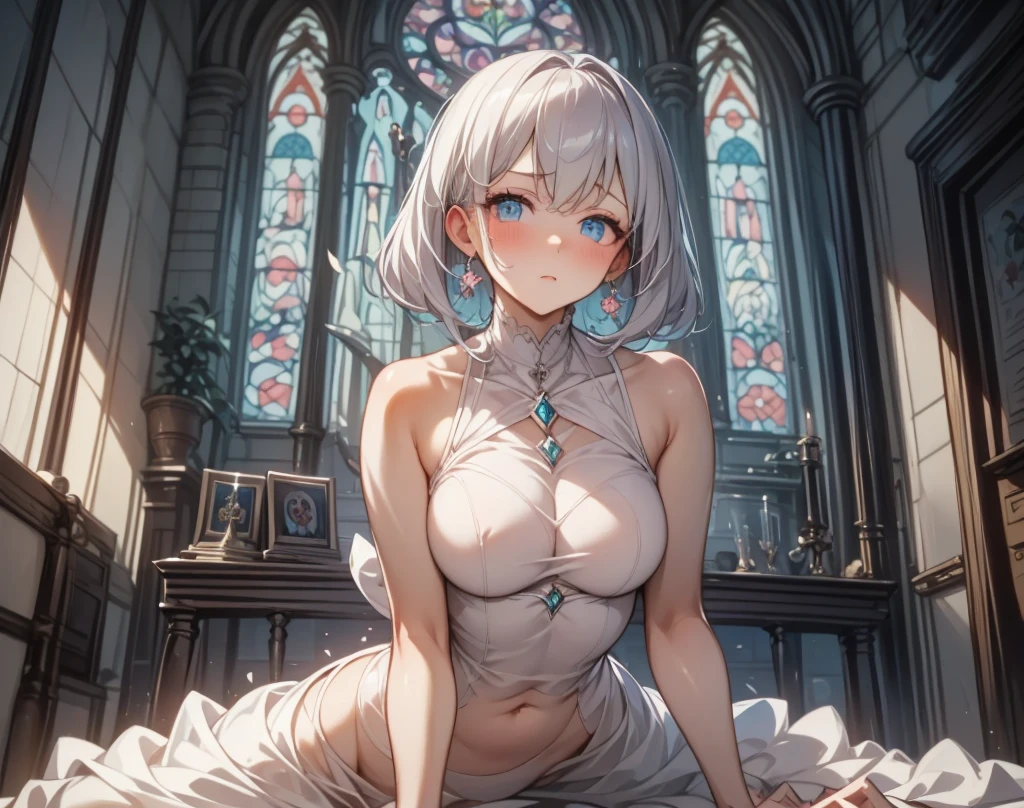 masterpiece, Ultra realistic illustration, ((naked tanned Latina woman with short white hair)) holding a (naked Caucasian man), intricate, elegant, sharp focus, digital painting, concept art, matte, hyper detailed, sharp, magical effects, baroque, ((((full body)))), jewelry, cloth, HDR, psychedelic, ((flowing cloth)), ornate, draped in cloth, ornate, baroque, erection