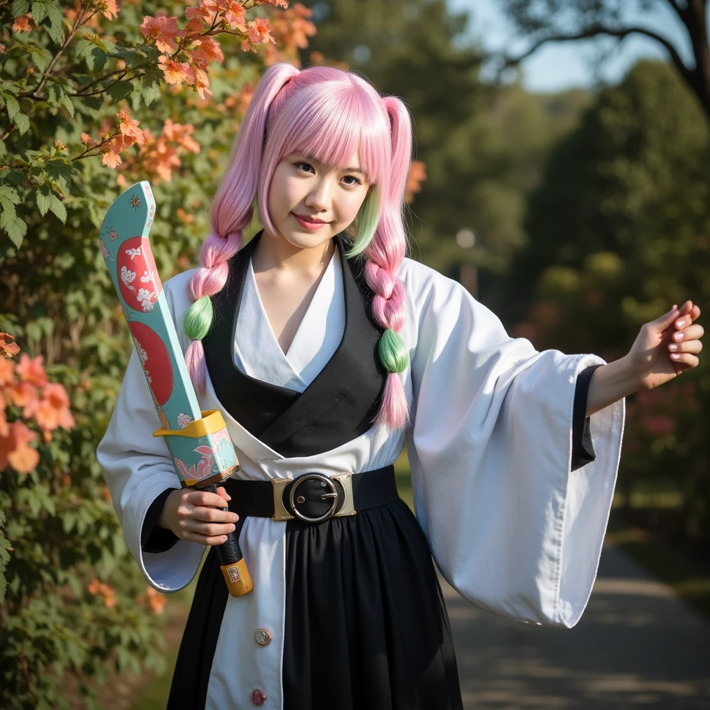 (At the cosplay venue、Cosplaying as Zoro from One Piece、Close your eyes and open your hands、Standing pose with a Japanese sword in its sheath in the left hand、Posting on social media、Japanese 40%and Ukraine 60%of mixed race children、A beautiful woman in her 20s、Her hair is pink ash gray and super long in twin tails, twisted and curly.、Eyebrows are thin, slightly thick and short、Those big blue eyes are so beautiful、His nose is high like an Englishman&#39;s、Plump lips) ［Fingers are not visible］(Always take photos alone)(I&#39;m very confident)(Height 178cm) (To portray with precision、Highest quality、Extremely artistic composition、Super detailed、High resolution、Dynamic Lighting Effects、Golden Ratio、Ultra-detailed geometric wallpaper) Do your best to fulfill all these conditions.。