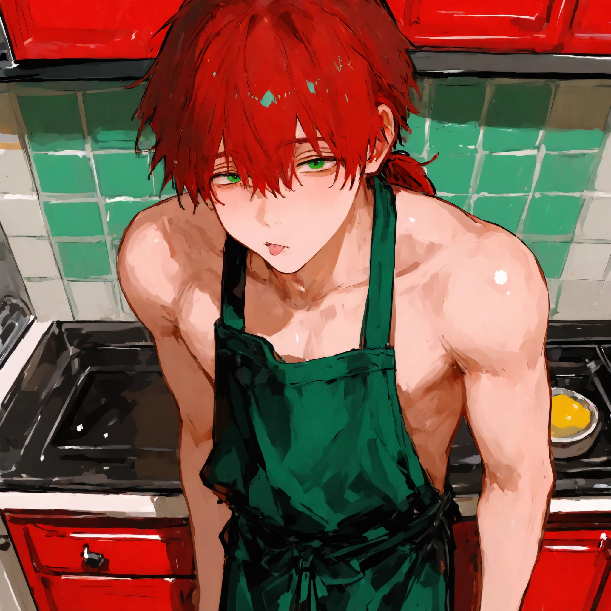 1boy, adult, red hair, low ponytail, shirtless, apron, in the kitchen, half-open eyes, pouty, looking at the viewer, standing, green eyes