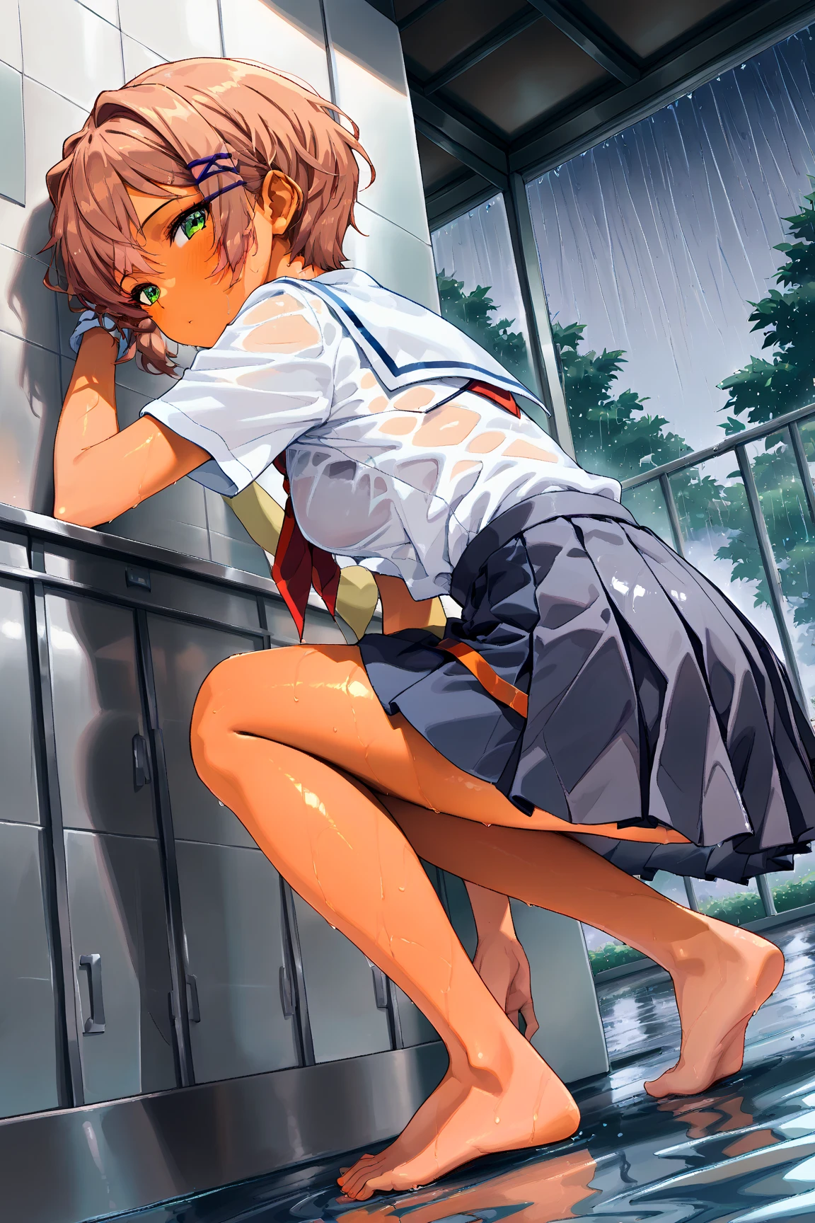 very beautiful Japanese woman, 18 years old, 1girl, very beautiful face, Japanese school uniform, (translucent white shirt), (shirt that is wet with so much water that it is almost transparent:1.7), red bowtie, (skirt lift), bathroom, plaid skirt, pleated skirt, black hair, whole body, well-proportioned eyes, (very embarrassing panic face), detailed, 8k, natural light, professional lighting, masterpiece, top quality illustration, high resolution, low angle shot, (skirt from below and up:1.5), (cum on body:1.5),