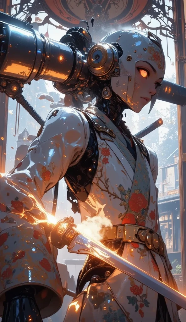 Aged 1603 black-and-white photograph, crafted as an Edo-period relic, worn, slightly blurry, scratched, with torn edges, portraying a humanoid robot with a purely mechanical body, no human traits, blending traditional Japanese Edo-era aesthetics with advanced futuristic design. Its humanoid silhouette is captivating, draped in an elaborate robe featuring ukiyo-e-inspired patterns of koi ponds and lotus leaves, paired with modern armored components and cybernetic enhancements. The robot wears futuristic, functional boots that enhance the design. Its head is an ornate, mechanical mask adorned with cultural carvings reminiscent of Edo-period tsuba (sword guards) and kabuki masks, with subtle smoke rising from its body, creating an ethereal effect. The robot holds a radiant katana-like sword, its blade glowing with fiery orange energy, with the hilt and blade etched with traditional egret motifs and cutting-edge technological details. Posed with samurai-like readiness, the robot grips the sword in one hand, exuding power. The photo is faded, with scratches, blurry edges, torn corners, and a shallow depth of field, evoking the delicate, ancient aesthetic of a 422-year-old Japanese relic.









