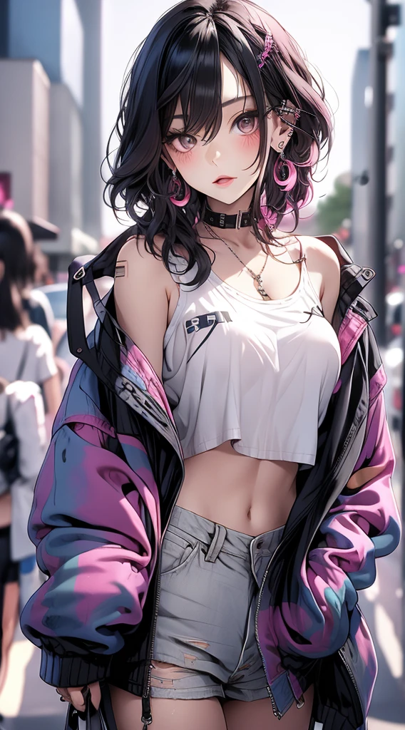 Ai Yazawa style、masterpiece, highest quality, pixiv, one cool girl, The Strongest Pirate Girl, small breasts、Completely naked、Lips in Love, dark brown hair, bob hair, gray eyes, white skin, gal, provocative、(((graffiti art))),　Improve