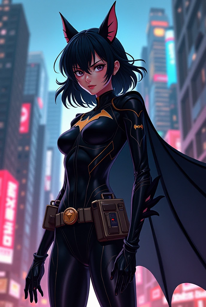 Obra de arte, Foto ultrafina, batgirl mask, melhor qualidade, ultra high resolution, Fotorrealista, luz solar, retrato de corpo inteiro, inacreditavelmente lindo, dynamic poses, rosto delicado, olhos vibrantes, (vista lateral) , ela usa fantasia futurista do Batman, dc comics, seios grandes, decote, abaixo do peito, Sitting on top of a building, fundo muito detalhado, fundo de cidade de noite, olhando para o espectador, 1girl, rosto detalhado, Maravilhoso, pele altamente detalhada, detalhe de pele realista, sharp focus, volumetric fog, 8k hd, DSLR, alta qualidade, film grain, Pele clara, fotorrealismo, Lomografia, in a dystopian and sprawling future metropolis, visto de baixo, translucent, fundo cyberpunk, futurista, luzes neon, cyberpunk, neon sign, night city, CassCain, cassandra cain, STANDING rooftop, perfect eyes, perfect face