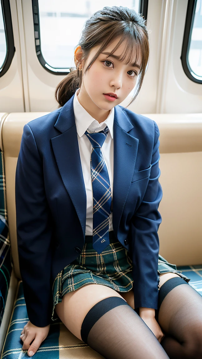 (8K), (highest quality: 1.2), (realistic), (realistic: 1.37), ultra high resolution, 1 girl, cute, smile, closed mouth, beautiful details, beautiful nose, beautiful hair, ponytail,giant dulcefo, pork, thighs,self snap,University Student Uniform,Sitting on a train in Tokyo,simple blazer,pleated skirt,(The pattern of the skirt and tie is a tartan check pattern...:1.3),cross your legs, From above,(thighsにクローズアップ),(光沢のあるthighs),(Opaque blue knee-high tights:1.2)