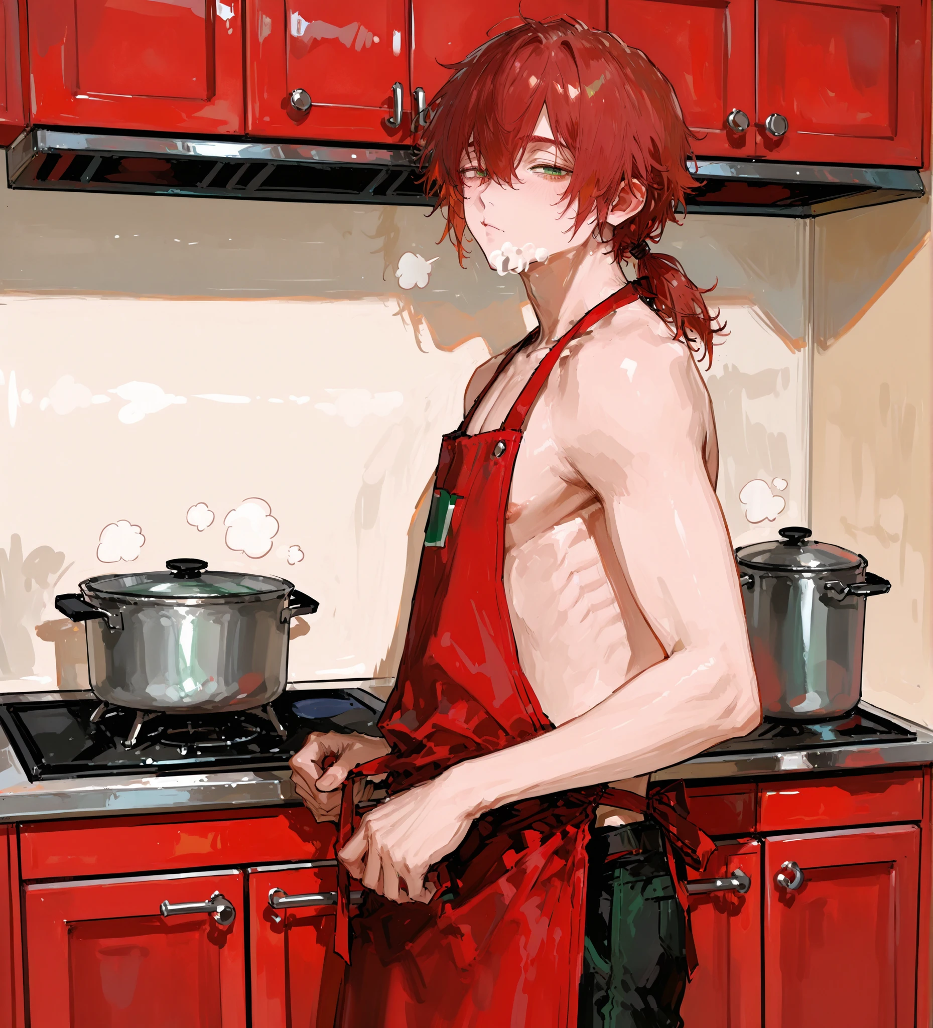 1boy, adult, red hair, low ponytail, shirtless, apron, in the kitchen, half-open eyes, pouty, looking at the viewer, standing, green eyes