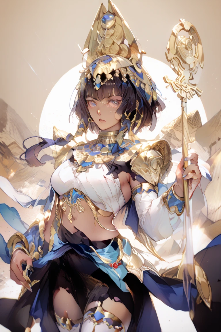 (Masterpiece)(4k resolution) (high detail) anime girl, wearing cobalt blue and gold epgytian armor. Pharoah attire. Holding a staff with a scrab jewel on the top. Powerful pose, exposed midsection. Pyramid in background. Scarab motifs. Scrab head piece. White and gold thigh highs. Glossy skin, scars on skin, powerful and sexy warrior. Colbalt blue gauntlet on right hand