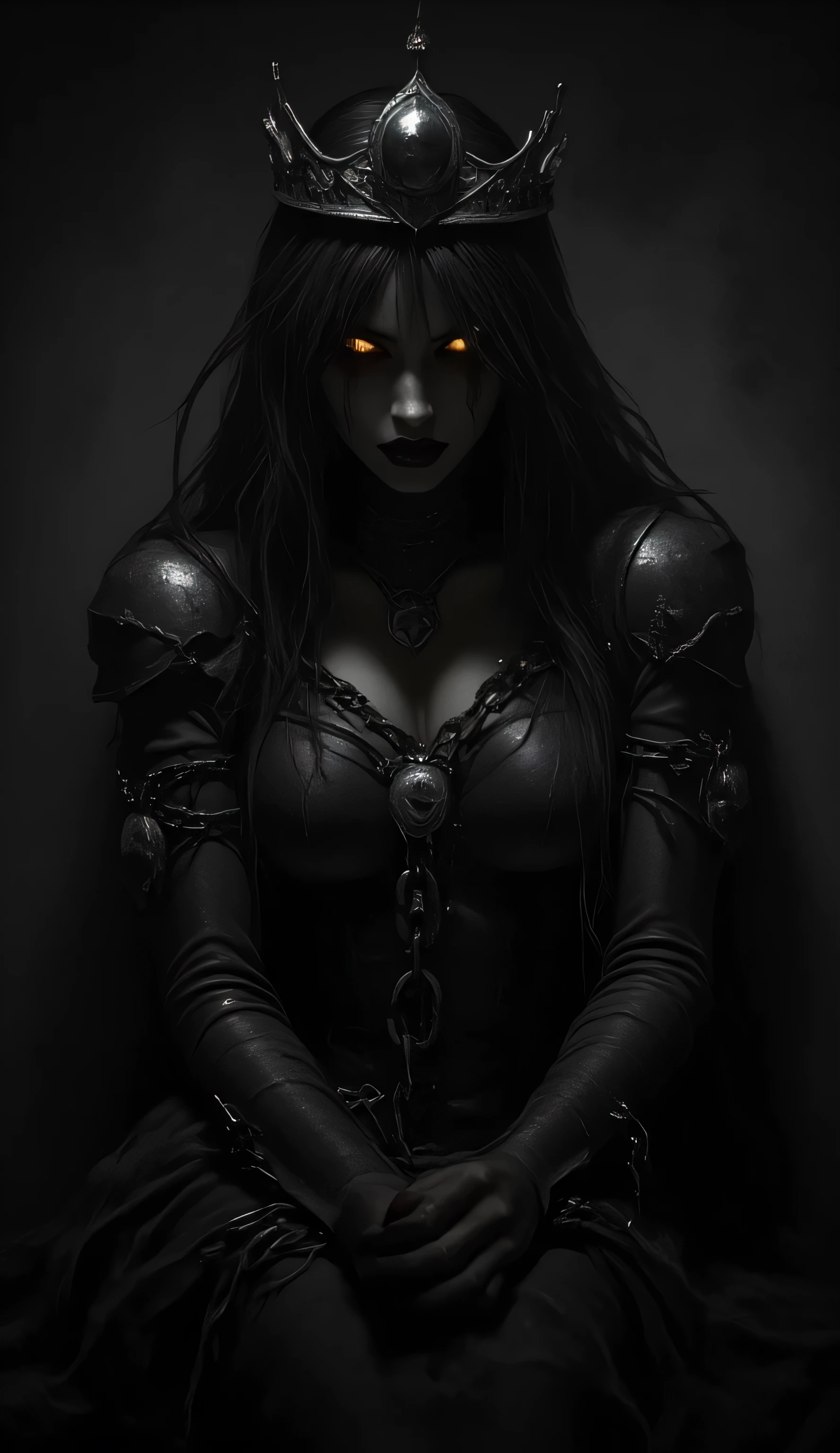 (big eyes:1.25),  1girl, Princess,  Crown, fetter, chain, black trim, BREAK, sits, On the ground, BREAK, ( grayscale, monochrome:1.15),  (at night, darkness, No light:1.5), (sparkling eyes:1.25), masterpiece, best quality, extremely detailed, high quality portrait, 4k, costume has sharp focus, professional quality, costume has sharp focus, Award-winning, cinematic lighting,  octane render , unreal engine,  dtx , wallpaper,