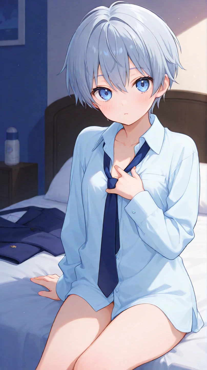 boy,blue underwear,white long sleeve shirt,bedroom,seiza,