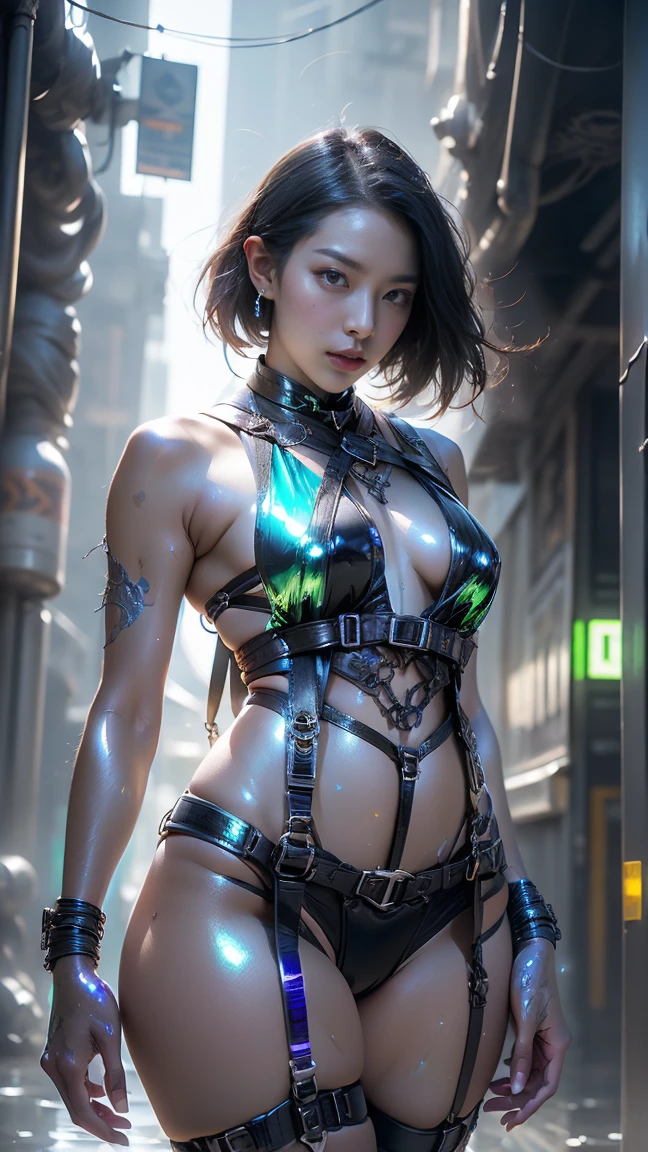 Beautiful hyperrealistic photograph of cute asian cyberpunk girl, wearing cyberpunk clothes, fringe cut bangs hairstyle, Kabuki makeup, cluttered Blade Runner background, dynamic pose, concept art, By Brian Froud and Carne Griffiths and Wadim Kashin and John William Waterhouse, intricate detail, 8k post-production, High resolution, super Detail, trending on ArtStation, sharp focus, studio photos, intricate detail, depth of field, f/2.8, cinematic illumination, dark shadows.