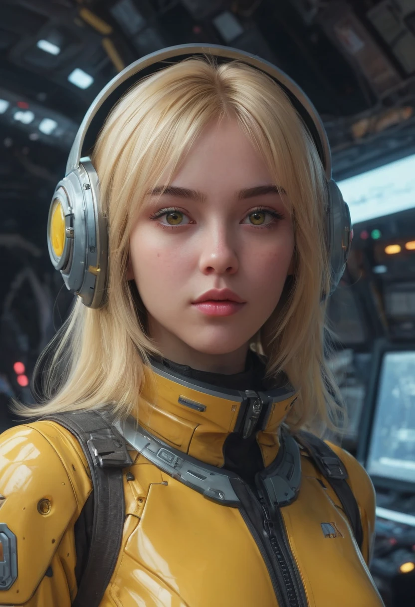 A toon Blonde Crazy whit a Big ONE a Only Eye Robot CCCP Soviet, and helmet Style, tongs in hands, Tv head, pinhead, camouflage Gold Silver Pink Rusty, Ambient in a meteorite crater super detailed, center, beautiful, soft lighting, focused on the character, 4K resolution, photorealistic rendering,