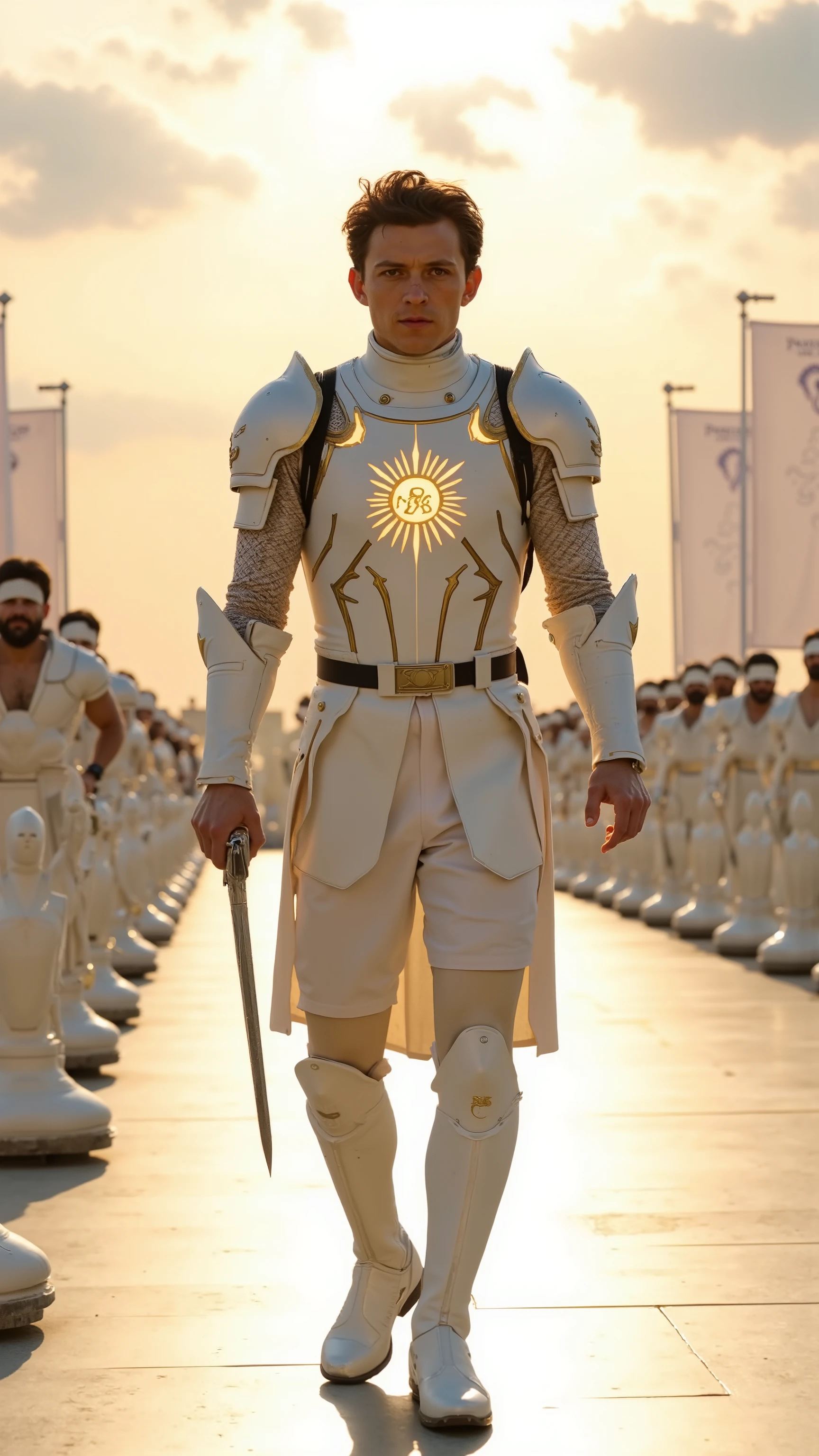 Tom Holland reimagined as the living embodiment of the white chess pawn, walking forward across a glowing marble chessboard plaza, 1 male,  
Bright youthful face, short tousled brown hair, determined eyes full of quiet hope. He wears light white armor designed for agility, trimmed with soft gold lines. His chestplate features a glowing insignia of the pawn, surrounded by rising sun rays. A short white cloak flows behind him, clean but with slightly worn edges from past trials.  
He carries a slim training sword strapped to his back, untouched. His hands are empty — he walks with purpose, not to fight, but to prove himself.  
Shows his full figure, lean athletic build, full body, no helmet, heroic youthful posture, full of potential and quiet strength.  

The background reveals a glowing white marble chessboard plaza beneath a radiant golden sky. Upright white pieces stand in clean formation behind the figure. Tall white banners ripple gently in the breeze. Sunlight pours through scattered clouds, illuminating polished stone, with subtle golden shimmer along the cracks. The entire space radiates balance, peace, and quiet strength.

, photorealistic, masterpiece, realistic, high contrast, cinematic lighting, 8k, HD, high definition detailed, detailed, hyper detailed, realistic skin texture, best quality, ultra high resolution, hyper realistic, no text, very detailed eyes, dramatic lighting
