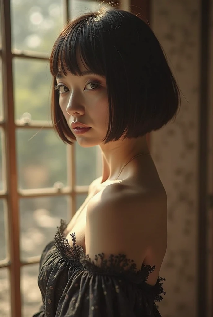 EDITORIAL PHOTOGRAPHY,  Super Detailed Backgrounds  ,Super Real, Shade,depth of field, perfect anatomy、Goddess Amenouzumenomikoto 、full body、cool beauty super slim skinny video, Soft Focus Sepia Tone ,movie scene,It was transparent,Wabi-sabi,Shioriness,looking at the camera、Nipples、Geometric model witch costume,is looking away at the female genitals,  Super Short Straight Bob Hairstyle ,Japanese Mythology Worldview 、natural light、Heaven Realm