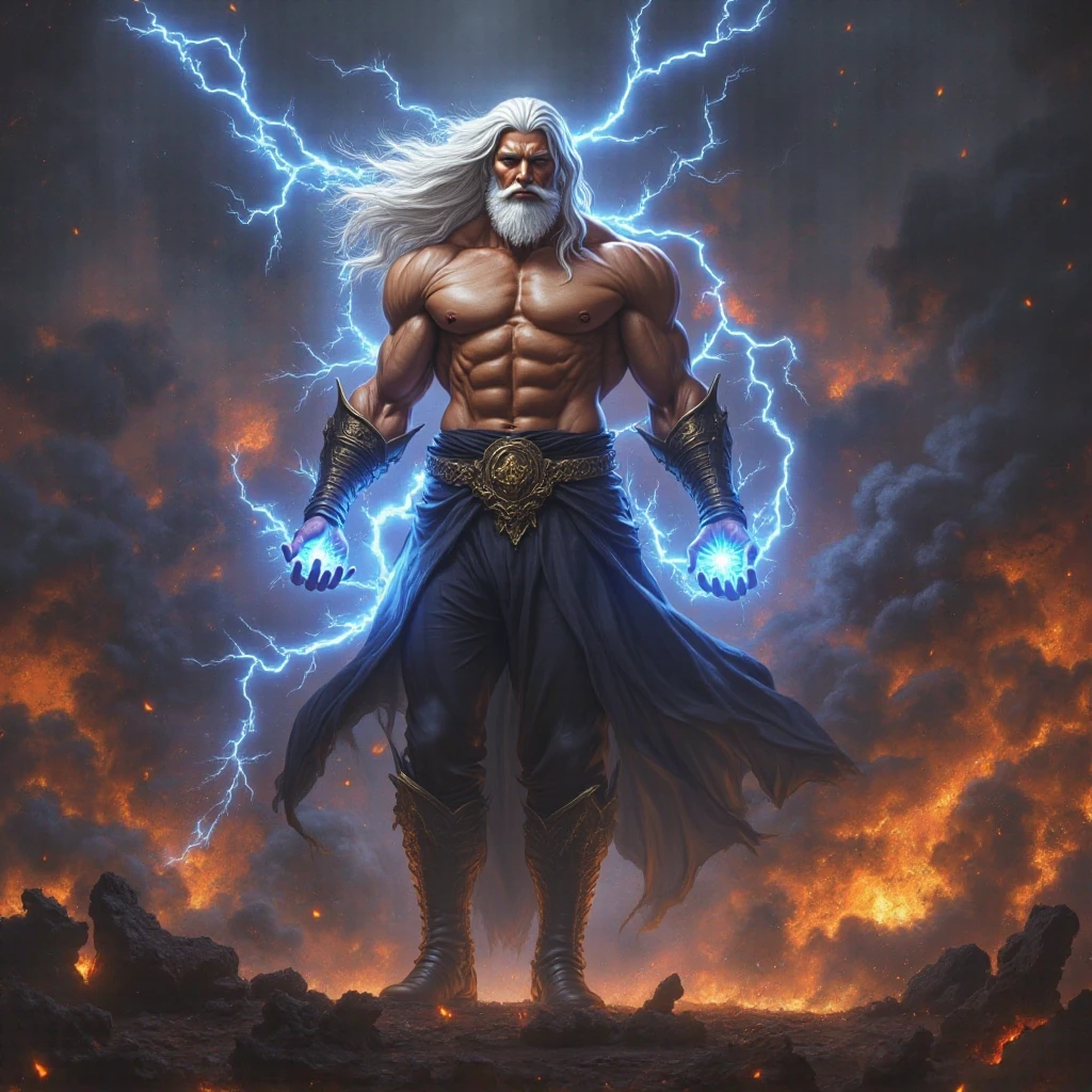 black rays emanating from the character's body and also from his eyes, see on him a white tunic with black details partially burned, the staff has no beam of light or rays, just a green aura and a green energy with a fire texture.
