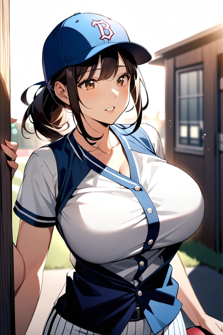 Neo Koirel, masterpiece, highest quality, 1 girl, baseball uniform, alone, baseball mitt, baseball cap, have, baseball, null, sportswear, cloud, black hair, blue null, Day, holding, shirt, bangs, medium hair, long sleeve, Are standing, holding ball, outdoor, looking at the viewer, parted lips, big breasts, mature woman,(huge breast),round breast,toned stomach,athletic body,slender,(bra under the shirt),(sweat),wet clothed
