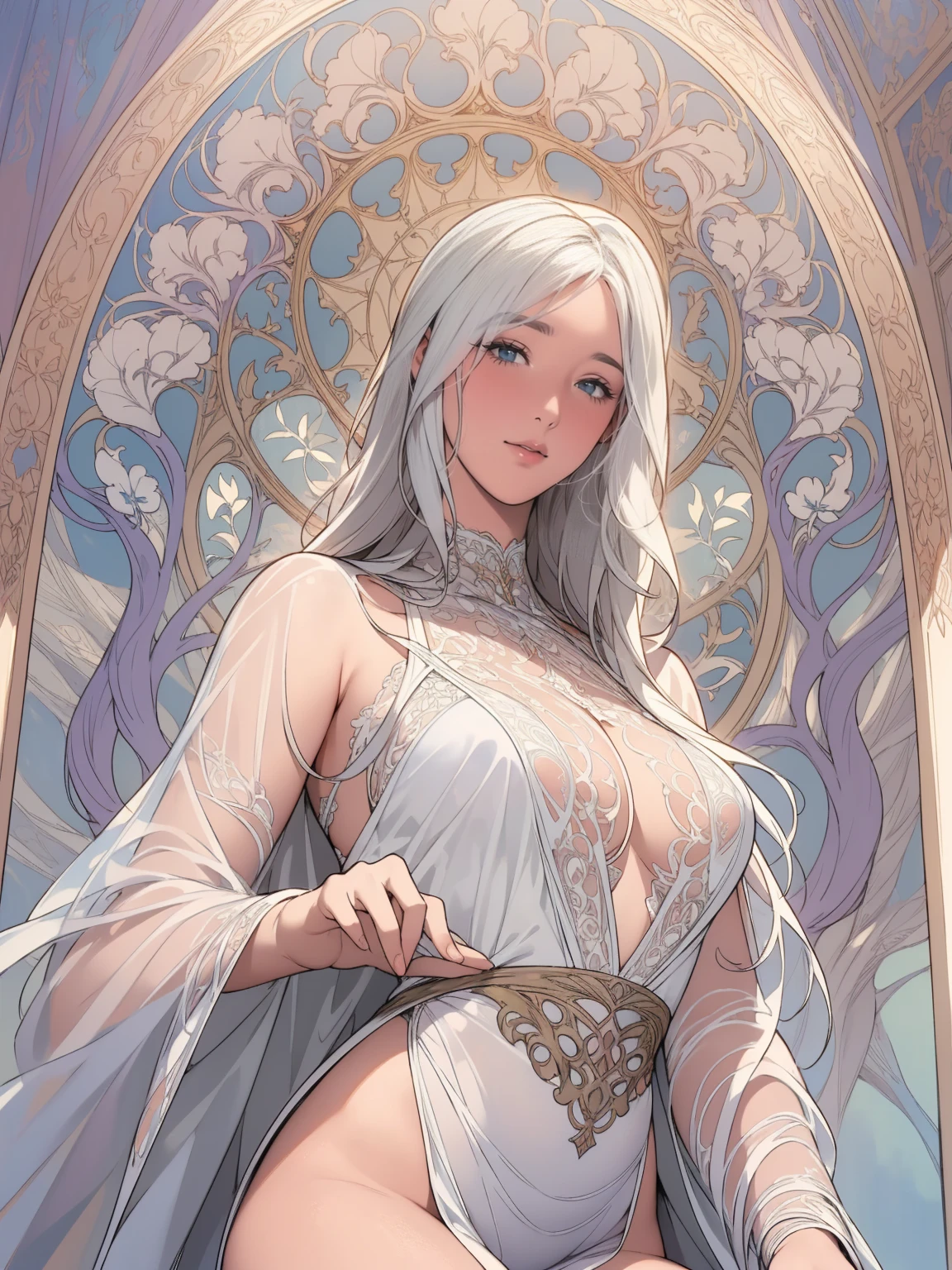 best quality, masterpiece,white hair, gold eyes,white clothes, looking up, upper body,hair strand,Fair skin,side braids,large breasts