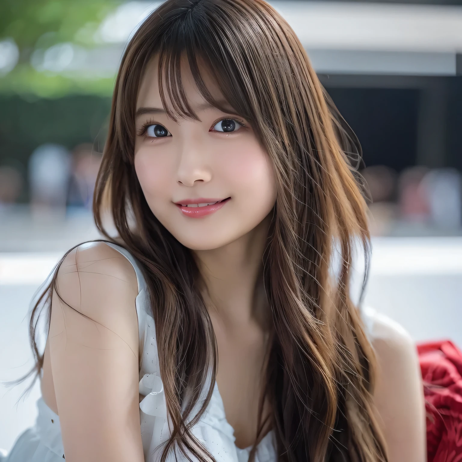 highest quality, shape, Very detailed, finely, High resolution, 8k wallpaper, Perfect dynamic shape, Beautiful and detailed, Summer clothes,Medium Hair,Natural color lip,smile,20-year-old girl、Midnight、Beautiful and elaborate face、Perfect and beautiful face、Slim face and figure,spread your arms wide,Big eyes,Take a photo with your face raised from below your knees、Small face、Beautifully detailed face、Perfect and beautiful double eyelids、Big cleavage、Long, slender legs、One Woman、gravure、Watching the audience、Random Tank Top、Karuizawa cityscape