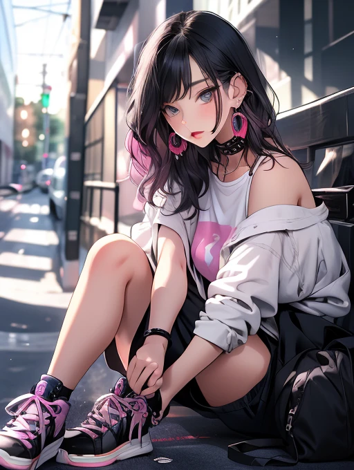 {there is a young girl walking down a street in a city. she is beautiful, and attractive. she is wearing a black t-shirt, and grey checkered skirt. her shirt is untucked, and has an image of a pink heart at the front. she is also wearing black sneakers with white stiching, and darked socks that reaches to her knee caps. she has beautiful long brown hair, and beautiful hazel eyes. and she has a beautiful smile on her face, but her mouth is closed.}, {best quality}, {{masterpiece}}, {highres}, extremely detailed girl, {{{pale skin}}}, {{{detailed face}}}, {photo-realism}, {{perfect ???????}}, sharp focus, {{{character{1 girl}}}}, solo, {{{{{sharp focus}}}}}, {{{detailed cloth texture}}}, {{{detailed skin texture}}}, {{{smooth lighting}}},