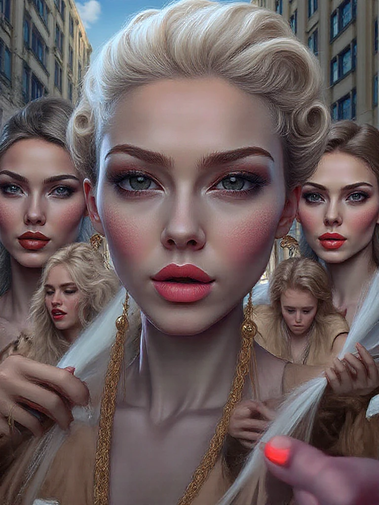 Woman with 4 heads beautiful seductress in pink suit