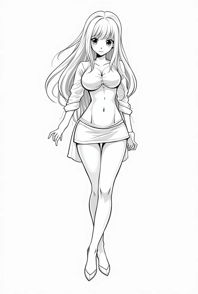 Lineart image of a girl sitting in the middle of a blank background Wearing high socks long white hair, white skin, white clothes, white shoes, white background line art.No colors thick thighs thick facing forward Apply facing down prespective a hot stinging