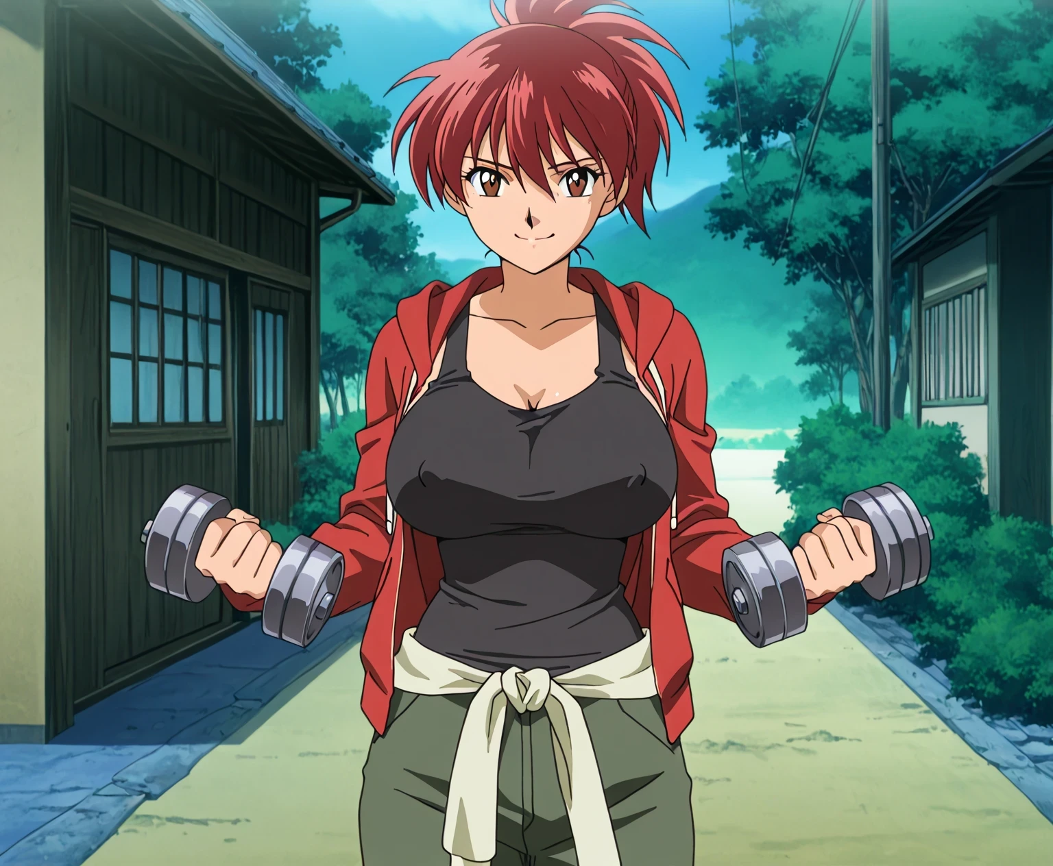 score 9 , score 8 up, score 7 up, source anime, masterpiece, best quality, high resolution, 1girl, red hairのアニメのgirl, solo, Classic Girl, Vibrant, girl, created by Anime Painter Studio, Handsome,  Girl Romance , brave, anime style, 公式fanart, ponytail, medium hair, hair between eyes, red hair, faint smile, bangs, brown eyes, Visual Novel, 高画質fanart, Colored Sketch Anime Manga Panel, 筋肉質なgirl,  2000s Anime Art Style , Big Breasts, collarbone, big breasts, Anime/Manga, Painted in an anime artist&#39;s studio, In anime style, feminine and muscular, fanart, costume:red jacket, hoodie, black tank top, Lift up to slightly erect nipples, Detachable Outfit, jacket sleeve with an long sleeve, デニムショートを履いたgirl, UNDERTANK TOP, Anime dick!!!!,  skin tight tank top, jacket UNDERTANK TOP, Painted in an anime artist&#39;s studio, plain tank top, dumbbells inspired by Mandy Jürgens, digital animation art!!, basic tank top,  in Bowwater art style, 魅惑的なアニメのgirl, Anime Drawings, looking at viewer, cowboy shot, girl focus, standing, outdoors, tomboy atmosphere, a manly girl, boyish atmosphere,