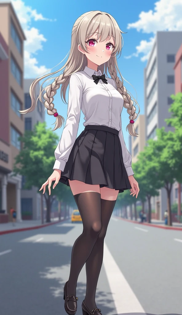 22 anos, pele branca, quase fala, cabelo branco, rosa nas pontas, cabelo extremamente longo, apertado, black pantyhose, black sneakers, cabelo branco, cabelo entre os olhos, cabelo branco, boca fechada, faixa, messy hair big formal skirt