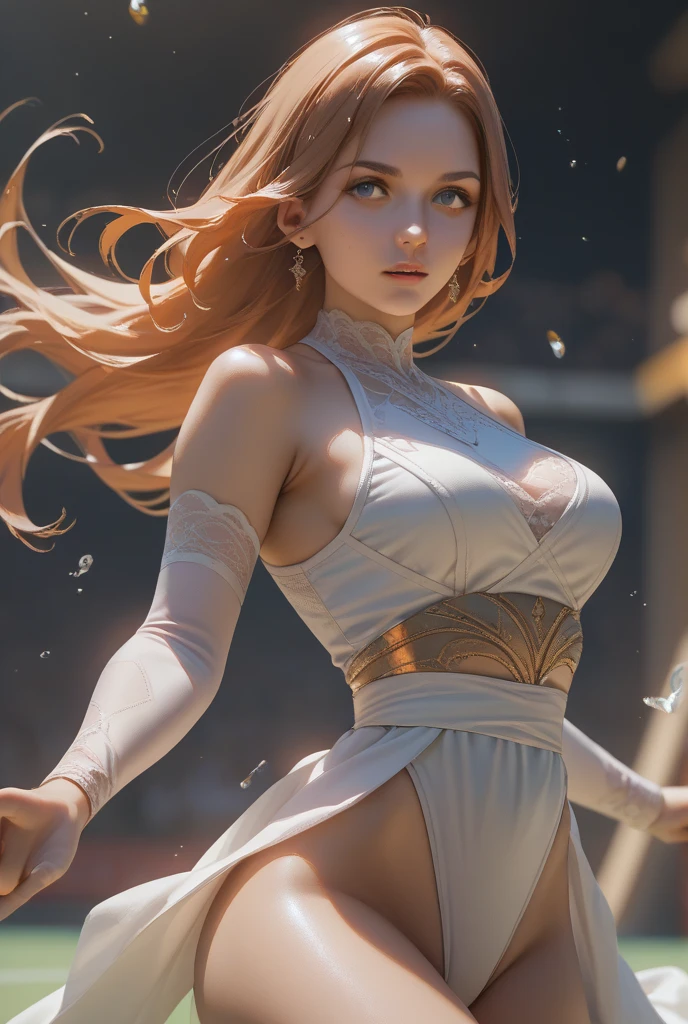 (official art, unity 8k wallpaper, ultra detailed, beautiful and aesthetic, High quality, beautiful, masterpiece, best quality:1.3), (beautiful face, beautiful eyes, skinny skin, oily skin:1.3), (cowboy shot, face focus, close-up face:1.5), (octane render, photorealistic, hyperrealistic:1.5), sunlight, (shiny), (clothes reflecting light), (lens flare), (bloom effect), light particle, (dynamic angle, dynamic pose:1.3), masterpiece, extremely magnificent view, extremely best quality, extremely detailed CG, high resolution, 16k wallpaper, perspective, highly detailed face, highly detailed eyes, perfect anatomy, super detailed skin, (dynamic angle, dynamic pose:1.3), (blowing wind, flowing a hair:1.3), (Woods background:1.3), (official art:1.5), and cute , Blonde twin-tails hair with blunt bangs, Ahoge, Hair ornament, green eyes, Crystal earrings, (Small girl with big breast), green poncho with White atelier, gold accessories, cute smile,