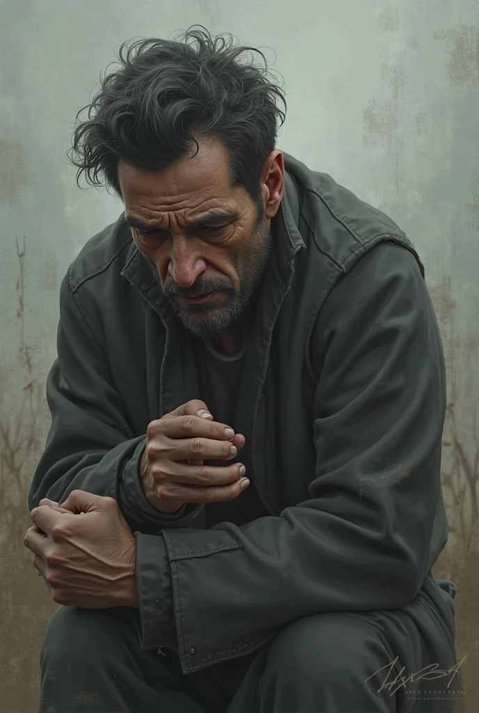 A realistic photo showing a man with the appearance of a factory worker. He has the expression of despair, with both hands around his throat as if he were about to hang himself. Your clothes are dirty and worn, giving an impression of hard work and difficult conditions. The background is gray and gloomy, reinforcing the atmosphere of sadness and despair., photo